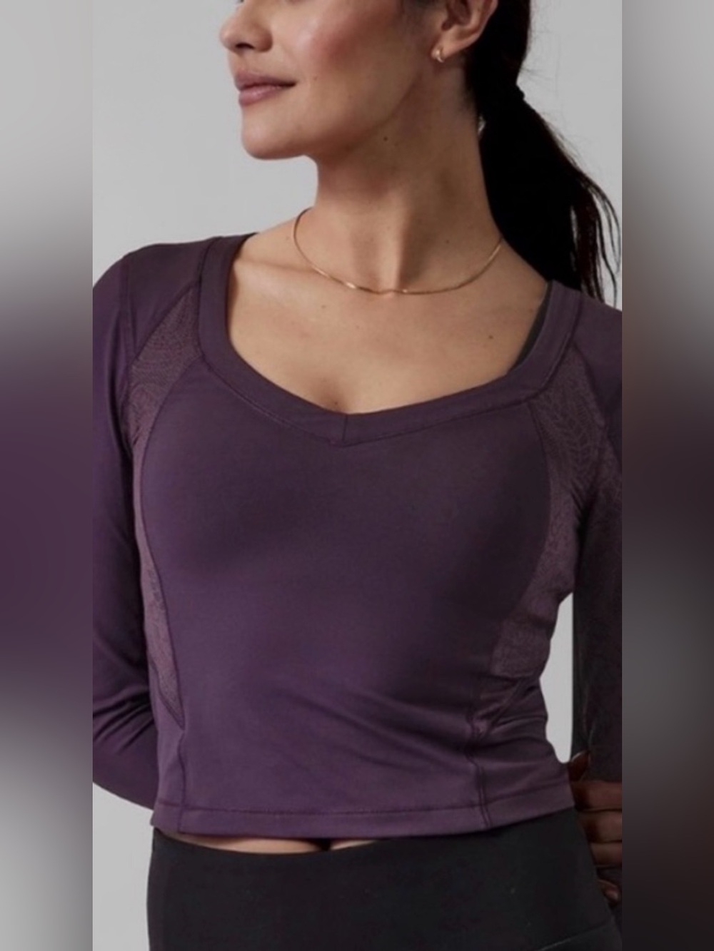 Athleta Shanti Lace Top Long-Sleeve V-Neck Crop Top in Plum Size: S